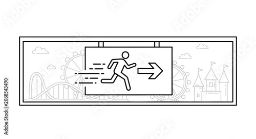 Amusement Park Exit Sign: Running Figure Icon, Roller Coaster, Ferris Wheel, Castle
