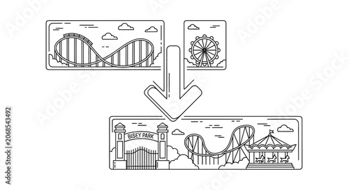 Amusement park concept: Roller coaster and Ferris wheel combine into a theme park entrance