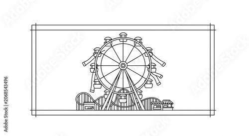 Amusement Park Ferris Wheel and Roller Coaster Ride - Black and White Line Art