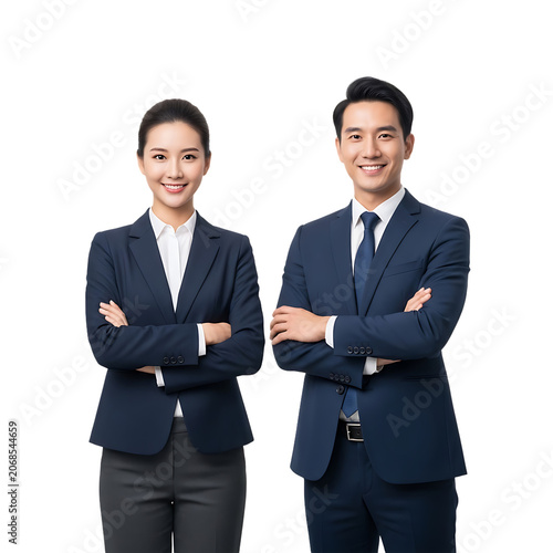 Professional asian business man and woman standing together isolated on transparent background