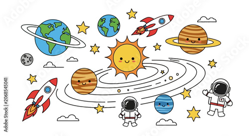 Solar system and space exploration scene for children
