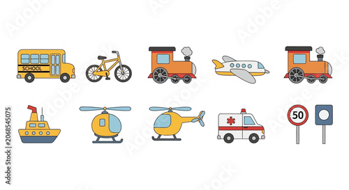 Transportation vehicles and traffic signs icon set