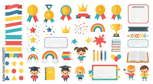 Educational award medals and school children icon collection
