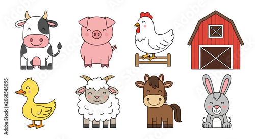 Cute farm animals and red barn icon set