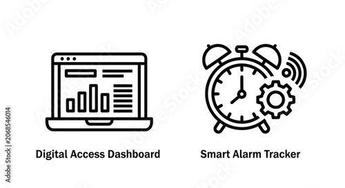 Digital access dashboard and smart alarm tracker icons with dashboard, security