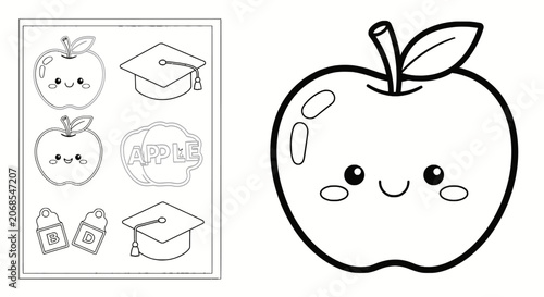 Educational apple and graduation coloring page elements
