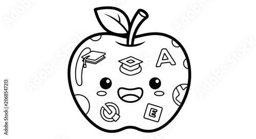 Smiling apple with educational symbols and graduation caps