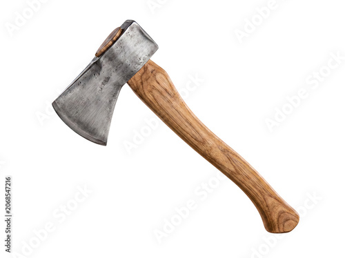 Fotografie Old rustic hatchet axe with wooden handle, traditional chopping tool, isolated on transparent background