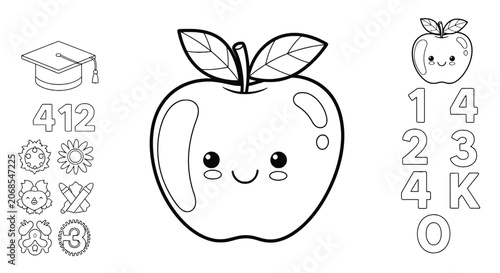 Smiling apple with school icons numbers and graduation cap