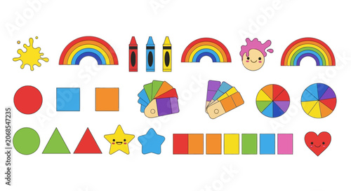 Educational set of colorful shapes rainbows and art supplies