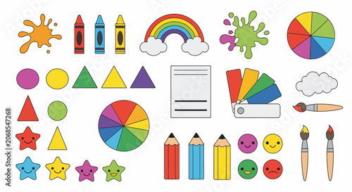 Colorful art supplies and geometric shapes for kids education