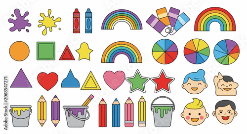 Large collection of colorful art supplies shapes and kid faces