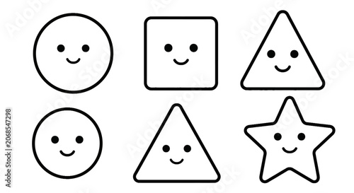 Minimalist geometric shapes with friendly faces line art
