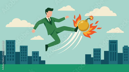 Tableau sur toile Businessman Kicking Away a Burning Bomb - Crisis Management Concept