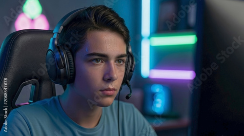 Focused teen boy gaming in headset close up, playing online video game in dimly lit room. Young teen boy gaming headset includes microphone, concentrating on screen with vibrant neon lighting.