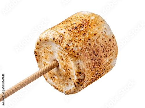 Perfectly golden-brown toasted marshmallow on a sturdy wooden skewer, ready for a sweet indulgence.