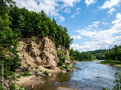 Serene River Flowing Past Rocky Cliff and Forest.