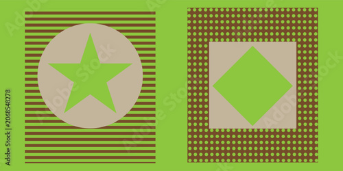 Abstract Geometric Pattern With Star and Diamond in Green and Brown Striped Panels
