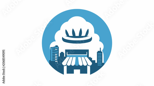 A flat vector icon showing a storefront building inside a blue circular cloud shape