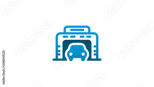 A simple blue icon representing a vehicle inside a cleaning facility