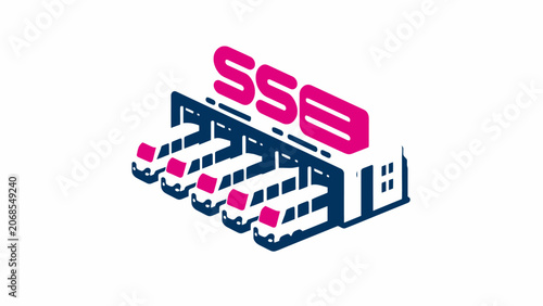 An isometric illustration of a bus depot with several parked vehicles