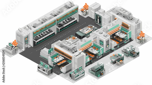 An isometric view of a modern automated industrial manufacturing facility floor