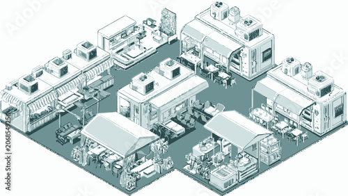An isometric illustration showing a collection of small outdoor food stalls