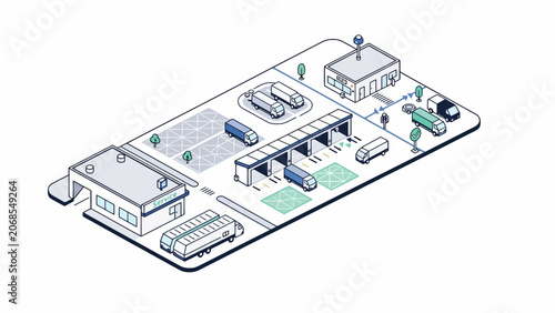 An isometric illustration of a logistics facility with various transport vehicles