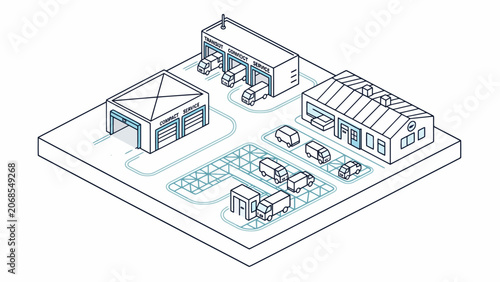 An isometric illustration of a modern logistics and vehicle service facility complex
