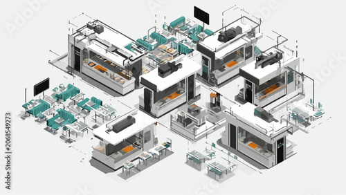 An isometric view of a modern food court layout with multiple service kiosks