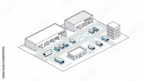 An isometric illustration of a logistics facility with various transport vehicles