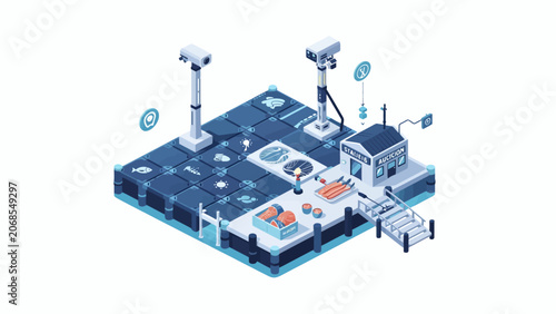 An isometric view of a modern automated fish processing facility with surveillance