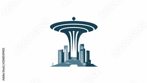 A minimalist graphic illustration of a futuristic city skyline with a tall tower