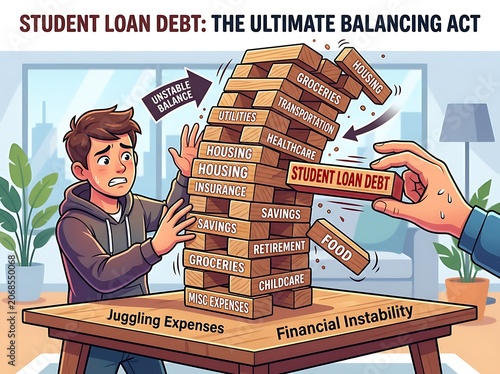 Man balancing stack of books representing student loan debt stress.