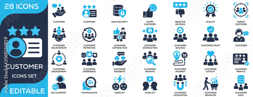 Photos Customer solid icon set featuring satisfaction, loyalty, feedback, retention, engagement, and customer experience