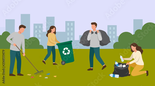 Foto Group of volunteers cleaning a city park, collecting trash and recycling waste