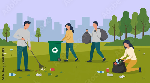 Obraz na plátně Group of volunteers cleaning up park, picking up litter, and recycling