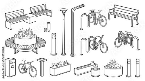 Isometric line art illustration of urban plaza furniture featuring a circular tree bench and bicycle racks