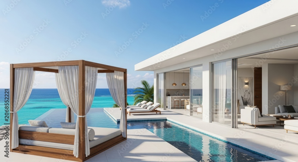 Fototapeta premium Luxury summer background modern villa with infinity pool and ocean view for real estate marketing