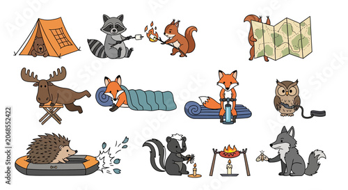 Cartoon animals enjoying camping and outdoor activities collection.
