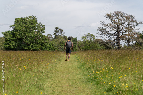 Man hiking barefoot on nature path through meadow