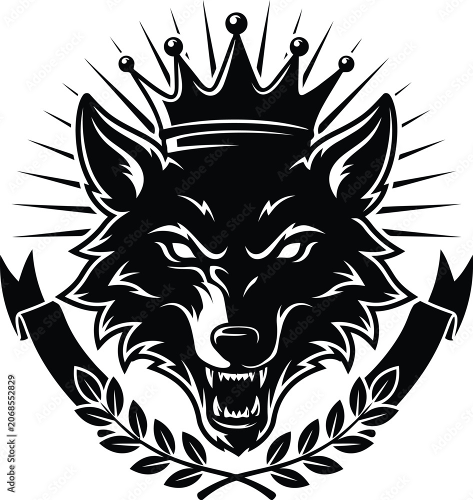 Fototapeta premium Black wolf head with crown and laurel wreath on white background