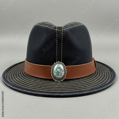 Stylish Black Fedora Hat with Turquoise and Silver Concho.
