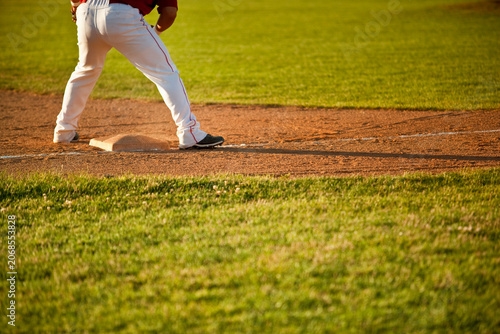 Rear view of a baseball player standing on a base during a game