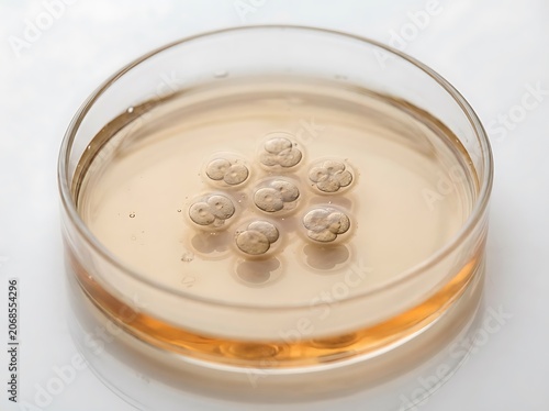 Petri dish with bacterial colonies in laboratory setting.