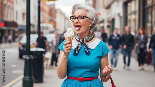 Stylish elderly woman enjoying an ice cream cone on a city street.