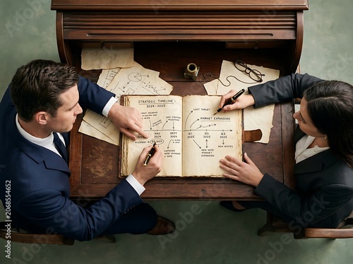 Business partners reviewing documents at wooden desk.