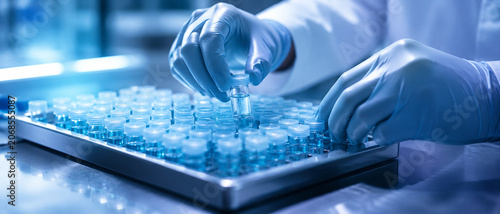 AI generated pharmaceutical sample processing laboratory sterile vial handling quality control testing biotechnology manufacturing scientific research
