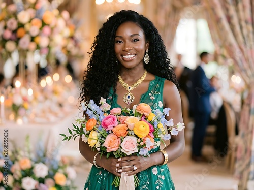 Woman holding colorful flower bouquet outdoors smiling.