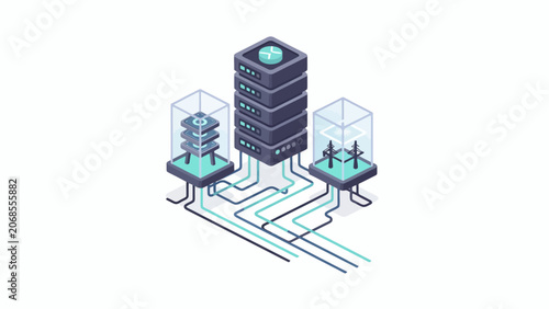 Quadro su tela A digital server tower connected to glass encased hardware units in an isometric